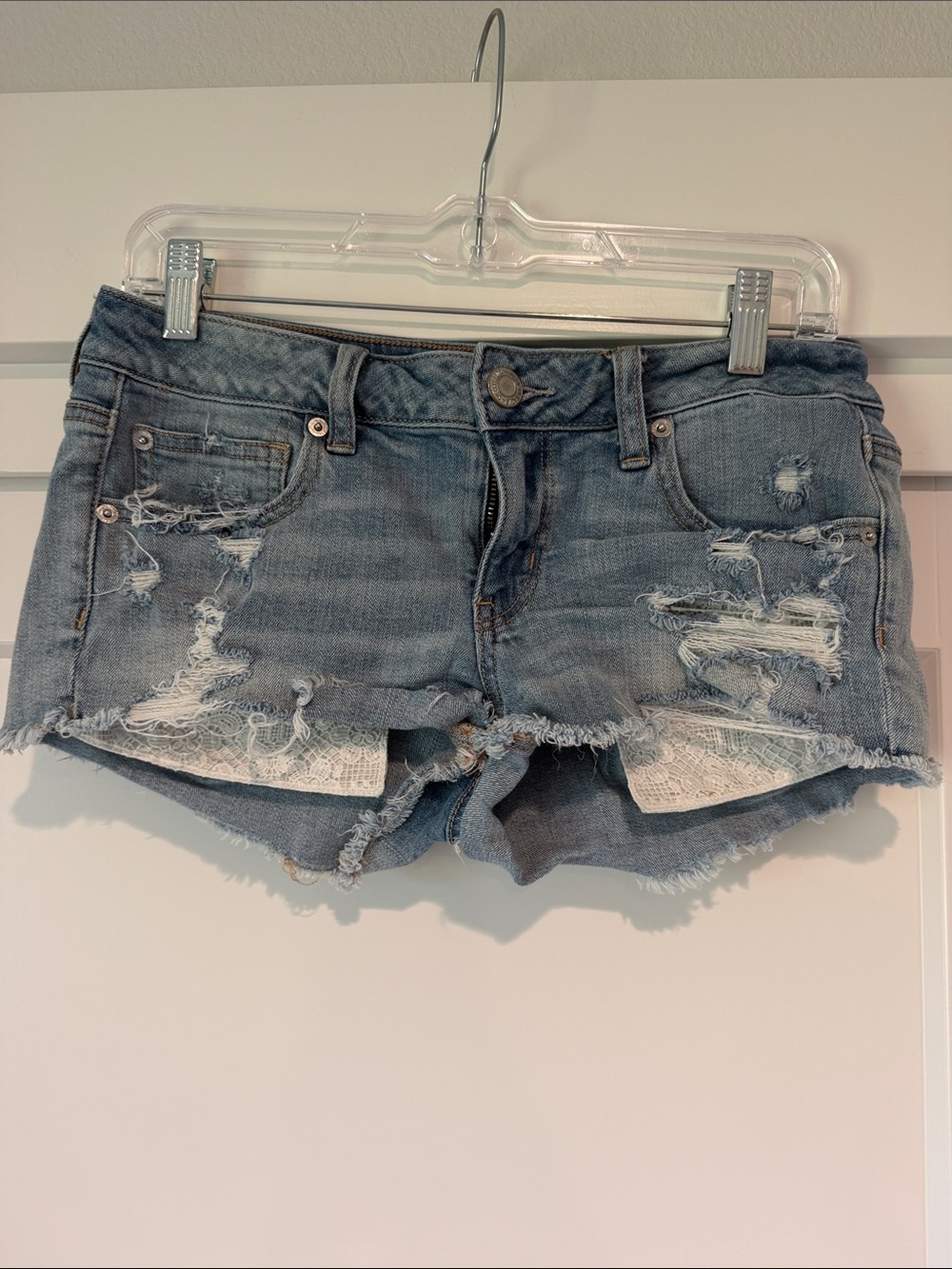 American Eagle Outfitters Light Blue Distressed Lace-Trim Jean Shorts